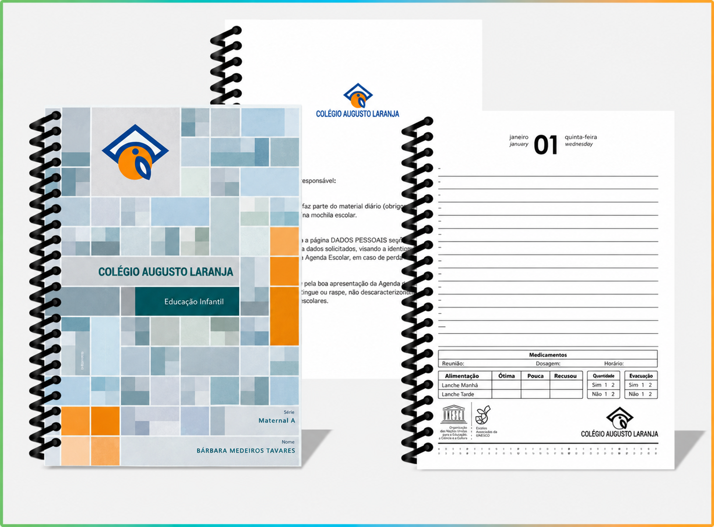 Agenda personalizada do Colégio Augusto Laranja com páginas internas