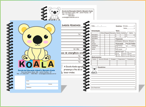 Agenda personalizada da Escola Koala com páginas internas