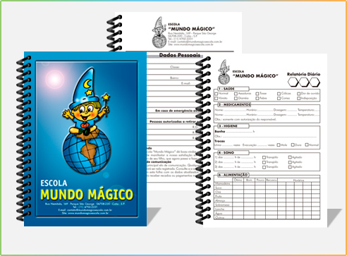 Agenda personalizada da Escola Mundo Mágico com páginas internas