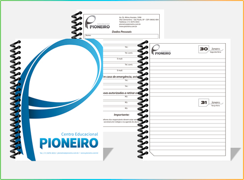 Agenda personalizada do Centro Educacional Pioneiro com páginas internas