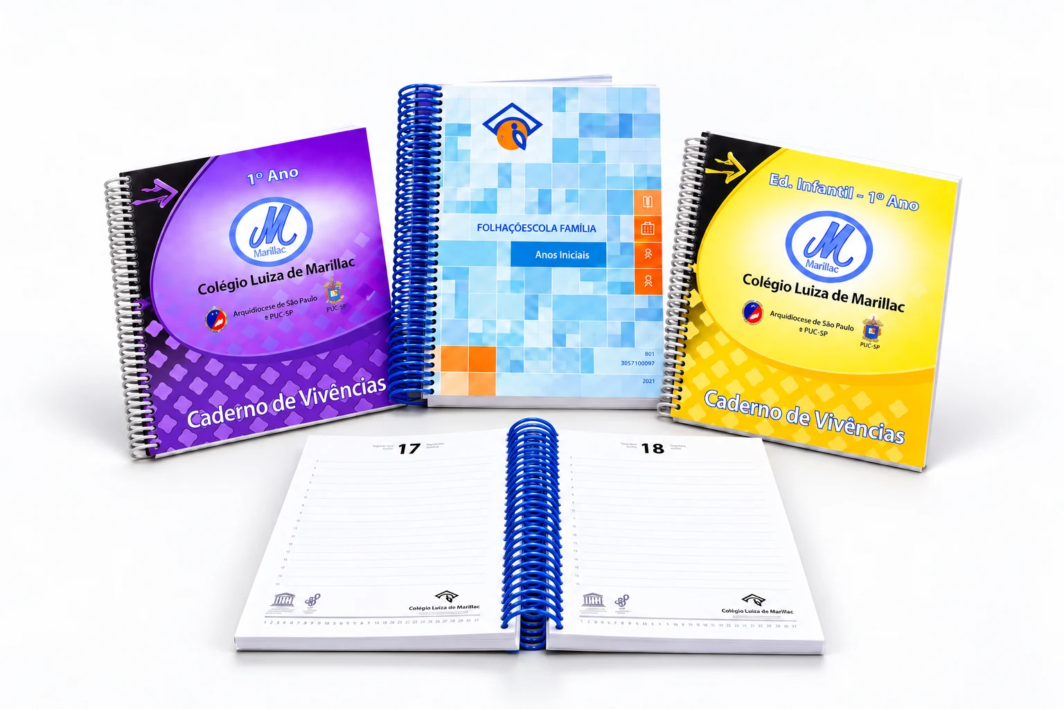 Agendas escolares personalizadas com capas e miolo aberto